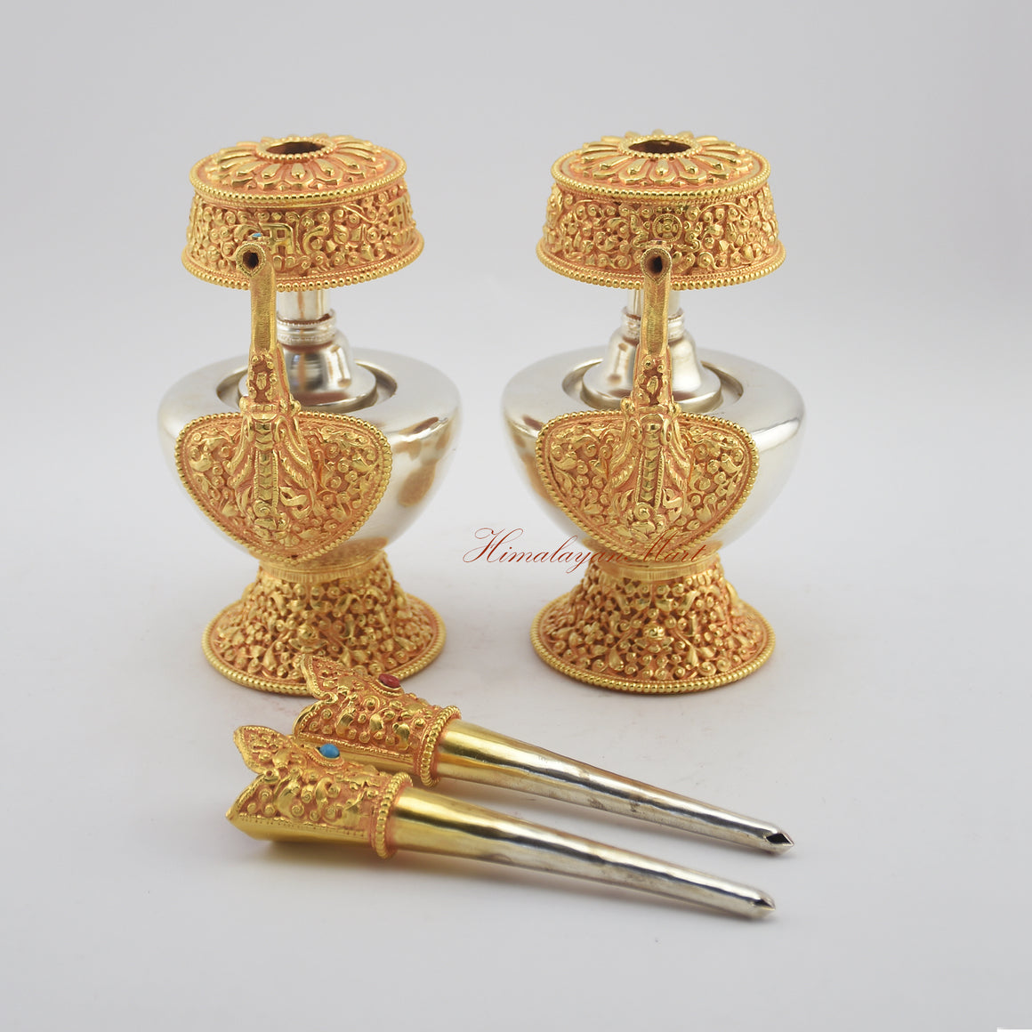 Close-up of the left section of Tibetan Ritual Bumpa Vase highlighting carved Buddhist motifs