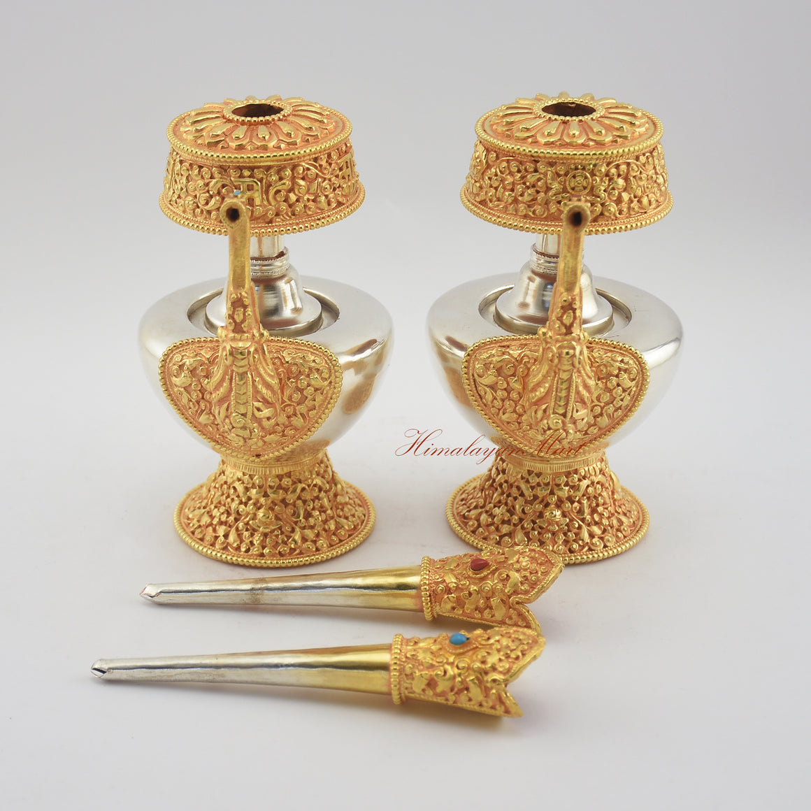 Close-up of the right section of Tibetan Ritual Bumpa Vase showing coral and turquoise stone details