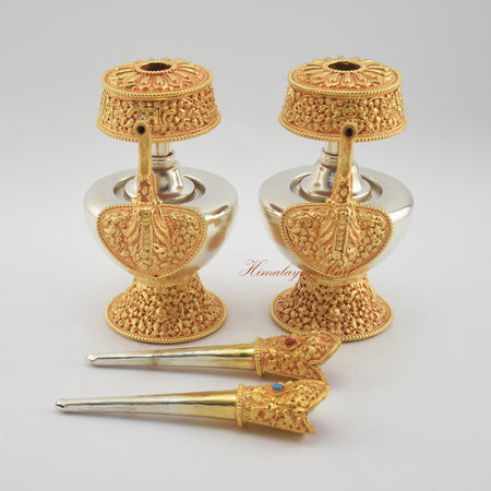 Close-up of the right section of Tibetan Ritual Bumpa Vase showing coral and turquoise stone details