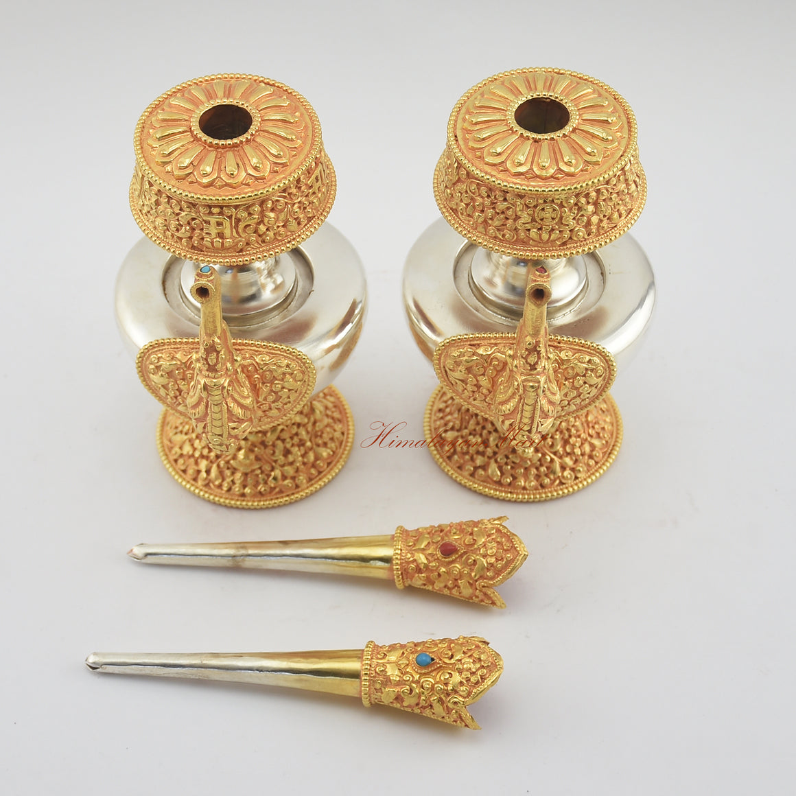 Top-right view of Tibetan Ritual Bumpa Vase showing gold and silver plating with gemstone inlay