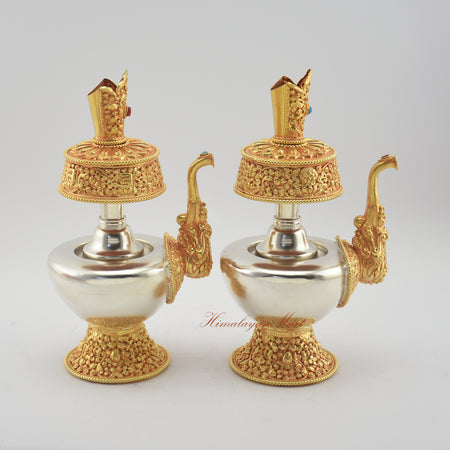 Right side view of Tibetan Ritual Bumpa Vase highlighting hand-carved symbols and decorative stones