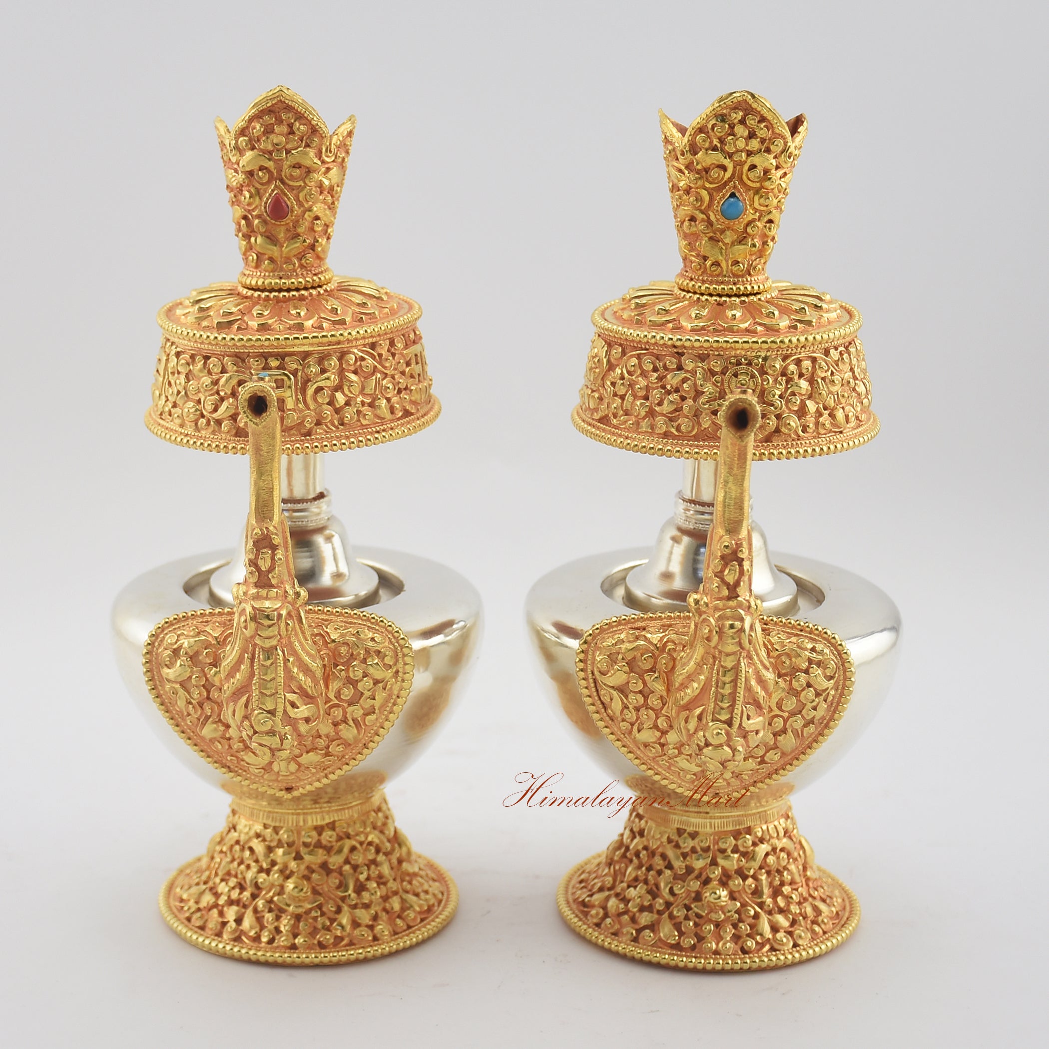 Tibetan Ritual Bumpa Vase handcrafted from gold- and silver-plated copper with coral and turquoise stones