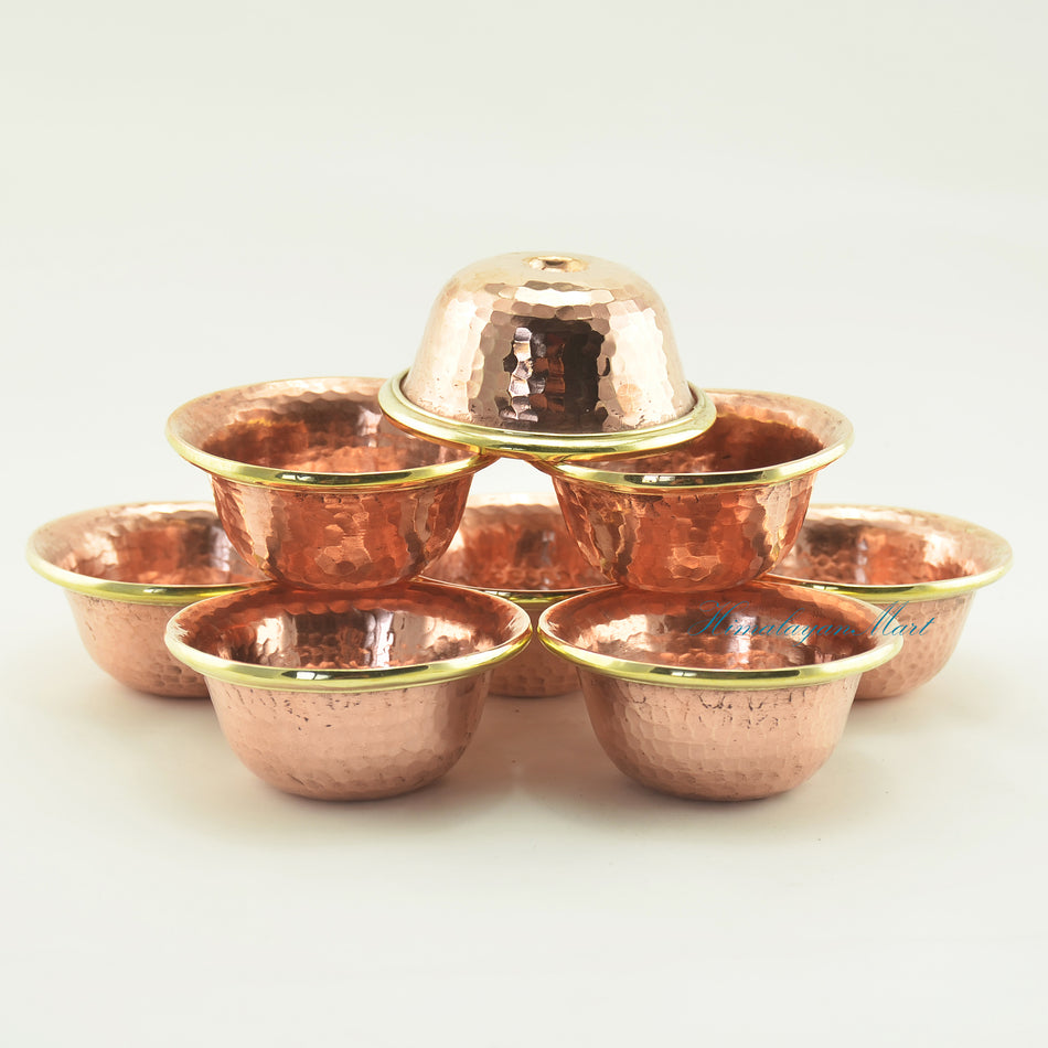 Tibetan Ritual Offering Bowl Set crafted from copper alloy with brass rim for Buddhist water offering practice