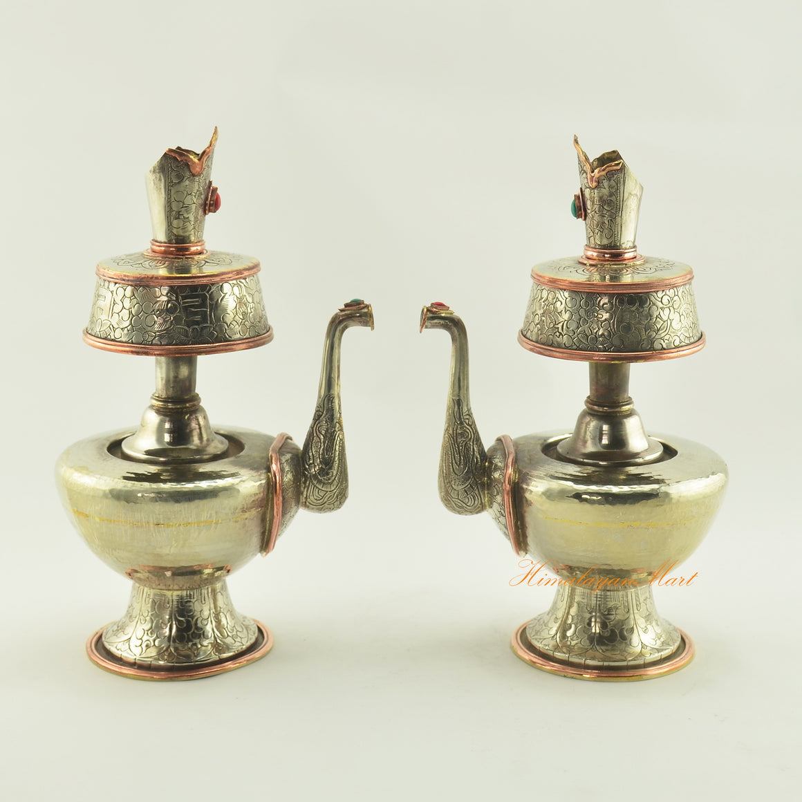 Tibetan Ritual Offerings Bhumba displayed as a pair, handcrafted water offering vessels with coral turquoise stones