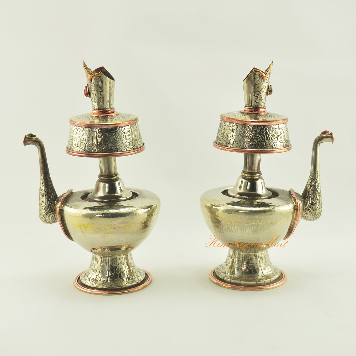 Left and right view of Tibetan Ritual Offerings Bhumba showing intricate carvings and copper ring highlights