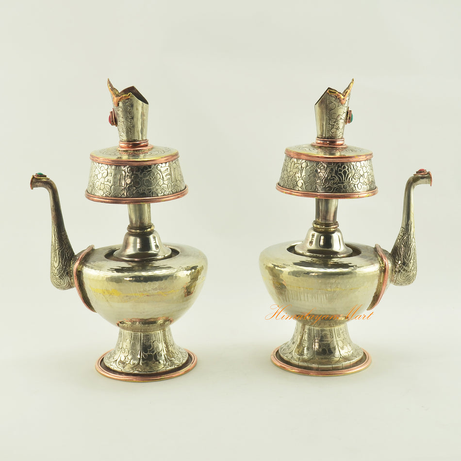 Left and right view of Tibetan Ritual Offerings Bhumba showing intricate carvings and copper ring highlights