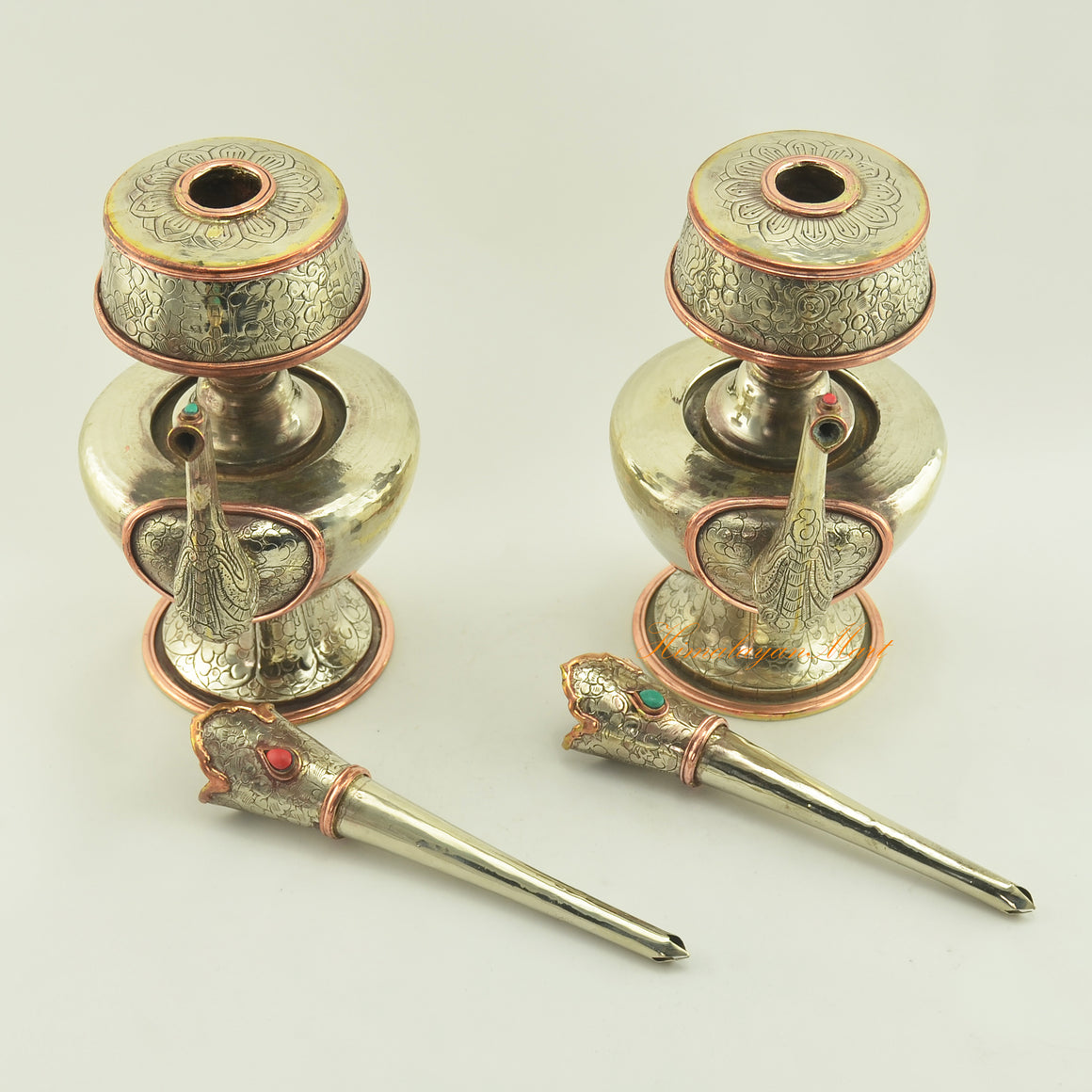 Close-up detail of Tibetan Ritual Offerings Bhumba showing coral and turquoise inlays and fine hand carvings