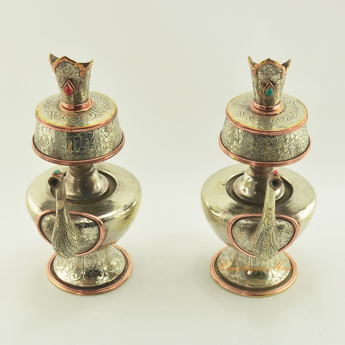 Top view of Tibetan Ritual Offerings Bhumba showing upper rim, copper ring accents, and carved surface