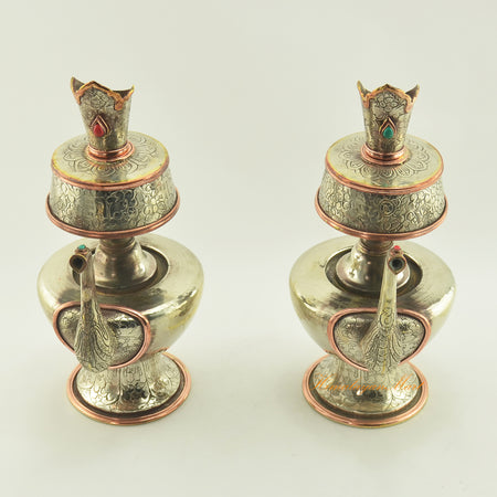Top view of Tibetan Ritual Offerings Bhumba showing upper rim, copper ring accents, and carved surface
