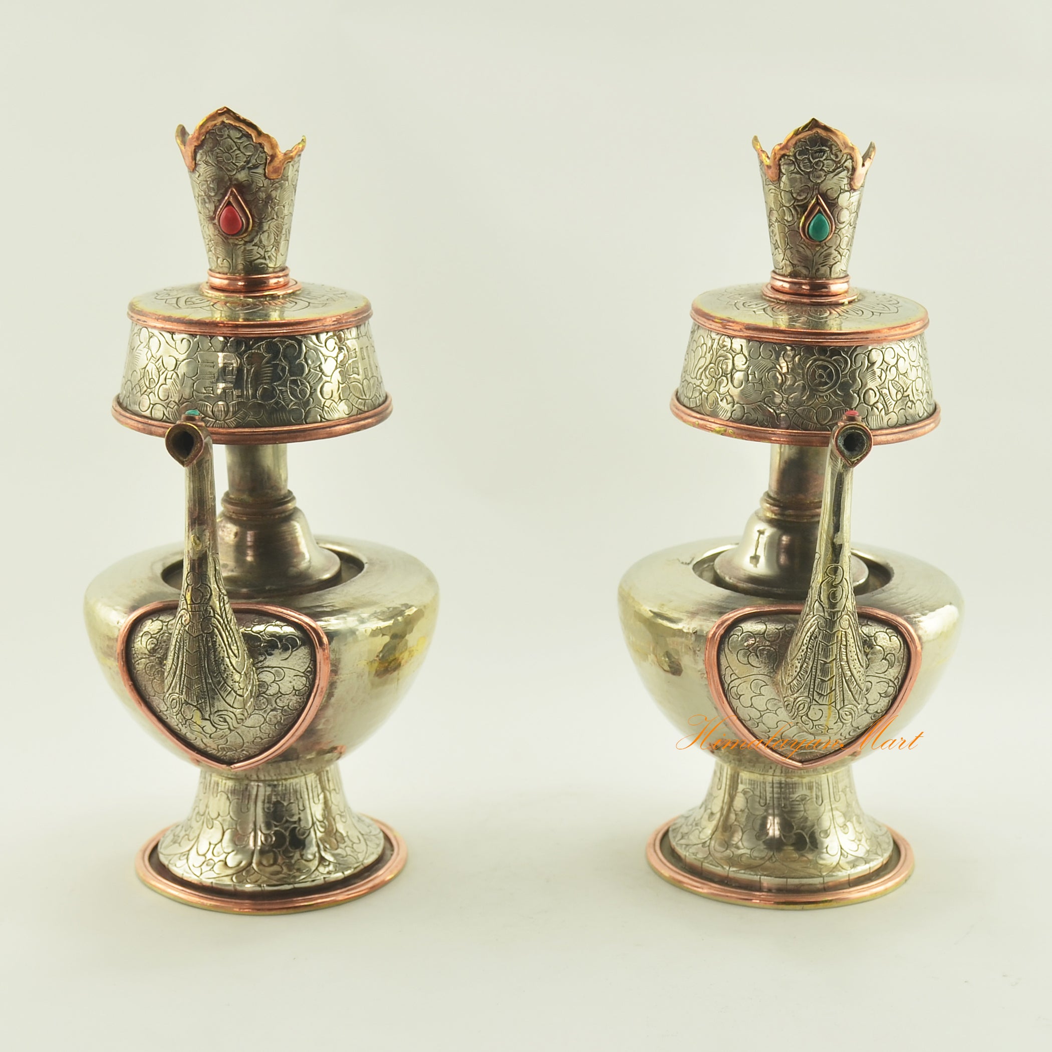Tibetan Ritual Offerings Bhumba handcrafted sacred water offering vase with copper accents and stone inlay