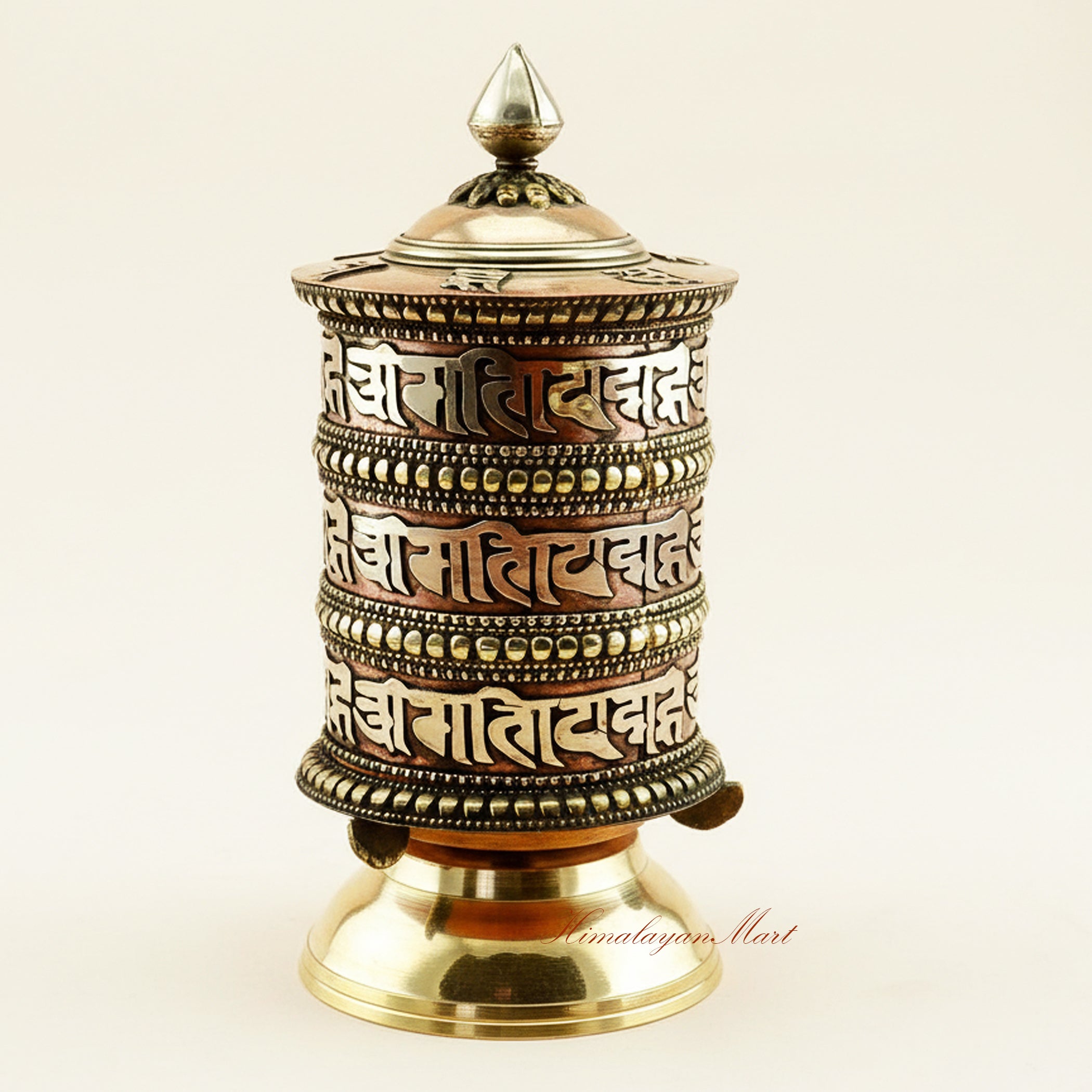 Tibetan Tabletop Prayer Wheel handcrafted for meditation practice, sacred ritual wheel for altar and spiritual devotion