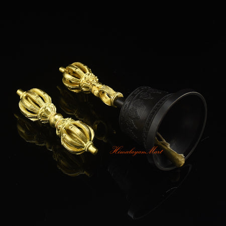 Bottom side detail of Tibetan Vajra Bell Set in Panchadhatu alloy showing base engravings and gold plating