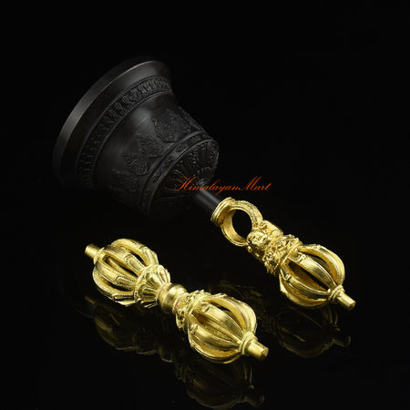 Top side detail of gold-plated Dorje and Drilbu set with sacred mantra engravings, handmade in Nepal