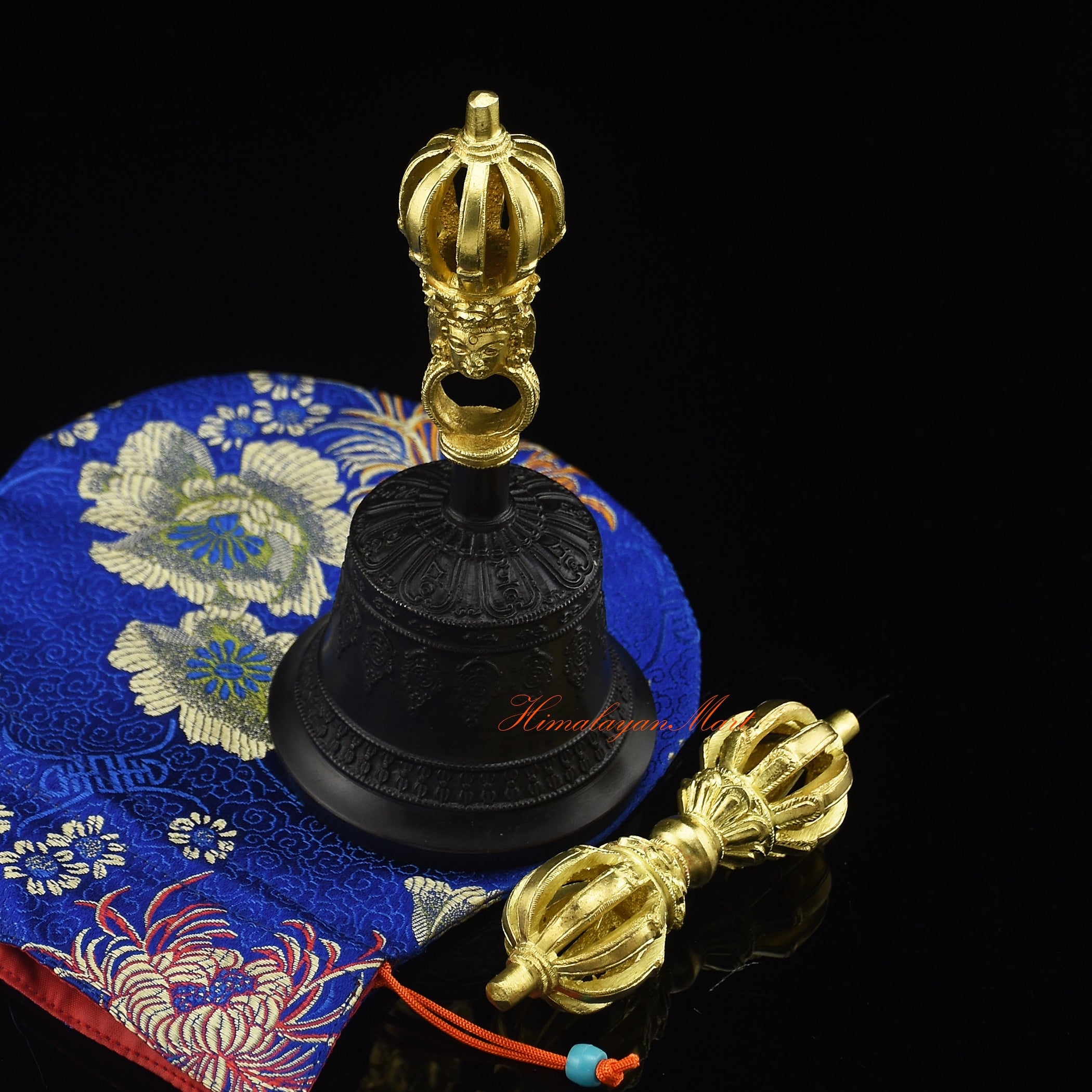 Tibetan Vajra Bell Set in Five Sacred Metal Alloy with gold plating, handcrafted in Patan Nepal
