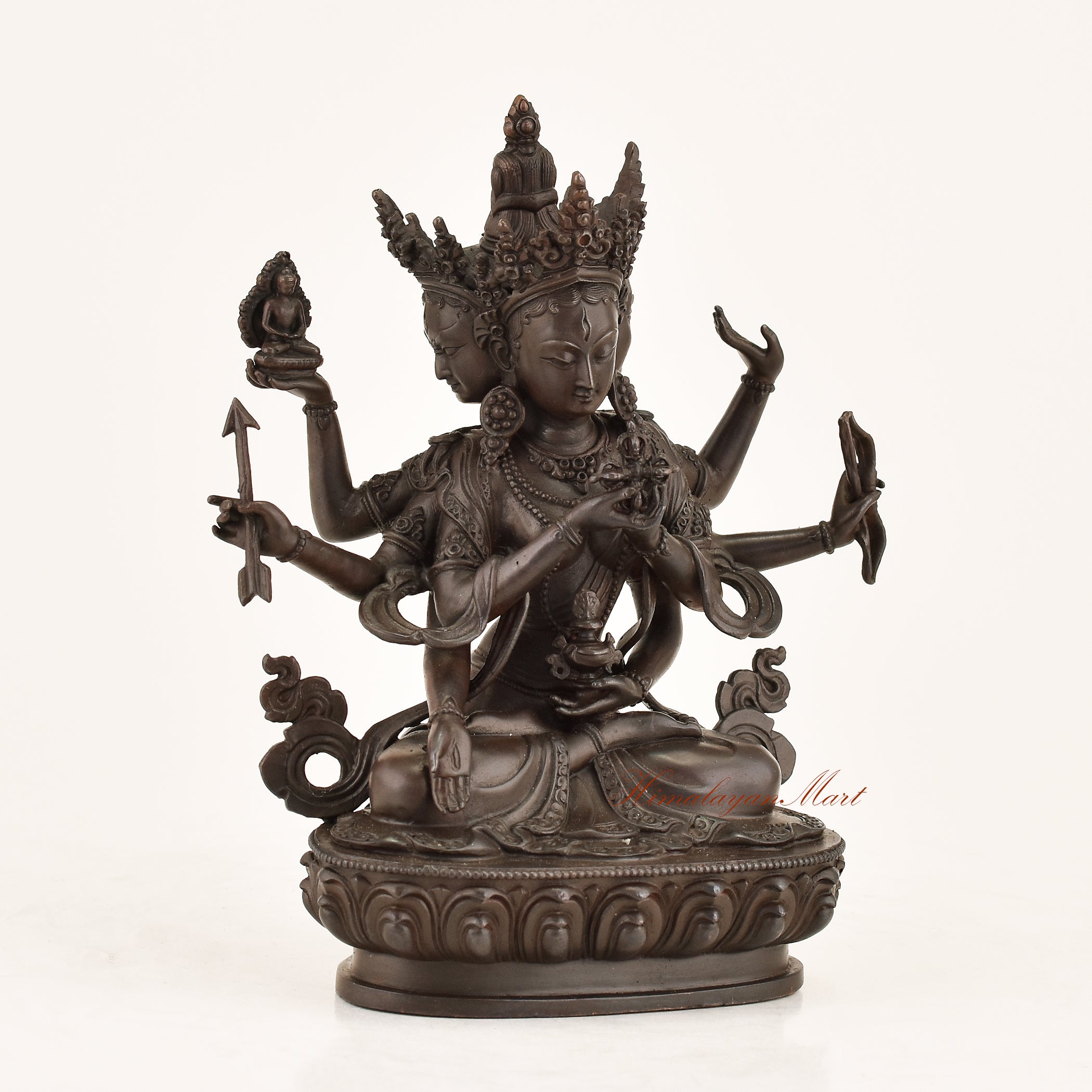 Right side view of the Ushnishavijaya Statue showing fine hand-carved detailing, jeweled crown ornaments, and oxidized antique finish crafted in Patan, Nepal