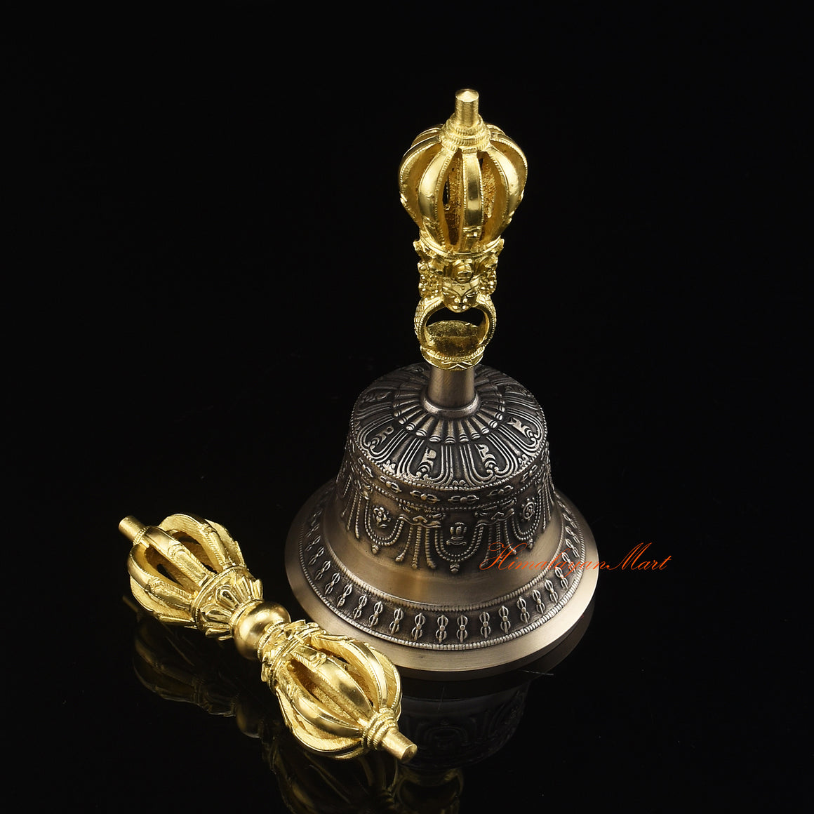 Side view of gold-plated Vajra and Bell Set in five sacred metals, handmade Buddhist ritual pair Nepal