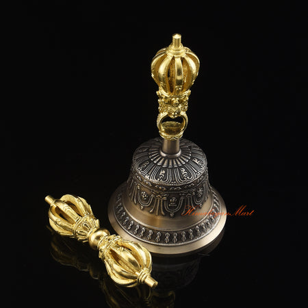 Side view of gold-plated Vajra and Bell Set in five sacred metals, handmade Buddhist ritual pair Nepal