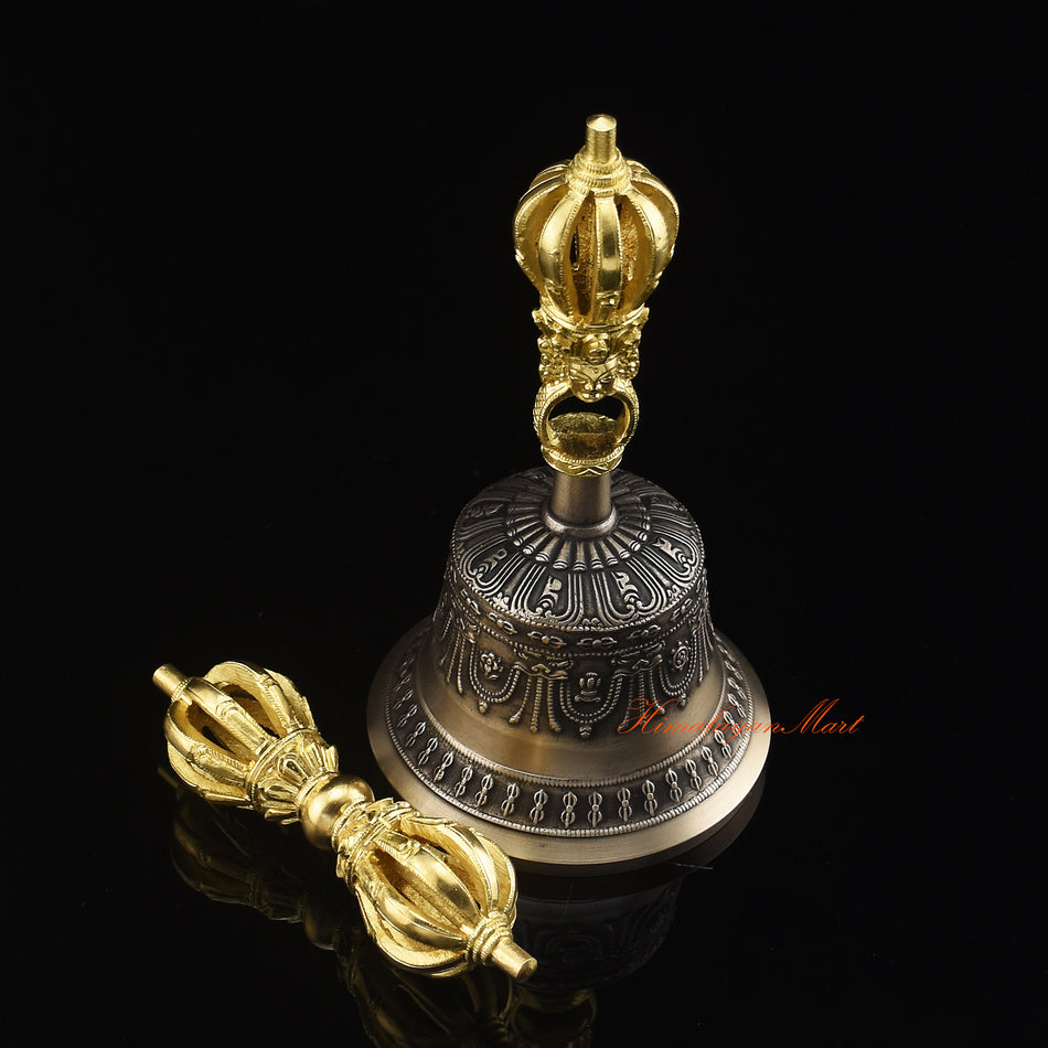 Side view of gold-plated Vajra and Bell Set in five sacred metals, handmade Buddhist ritual pair Nepal