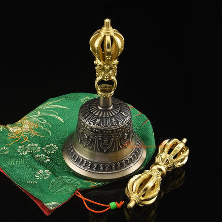 Gold-plated Vajra and Bell Set in five sacred metal alloy, handcrafted by Newar artisans in Patan Nepal
