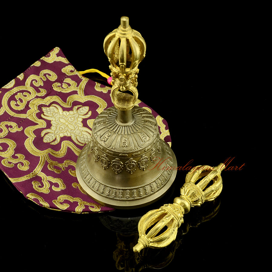 Vajra and Ghanta Set with golden-brown yellow patina bell and bronze copper vajra, handmade Buddhist ritual instrument, front view showing full set