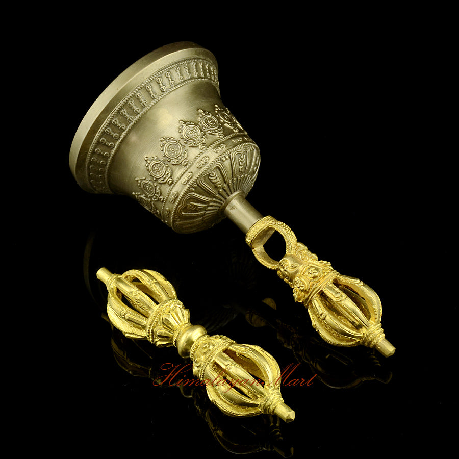 Vajra and Ghanta Set with golden-brown yellow patina bell and bronze copper vajra, handmade Buddhist ritual instrument, right side view showing engraved detail