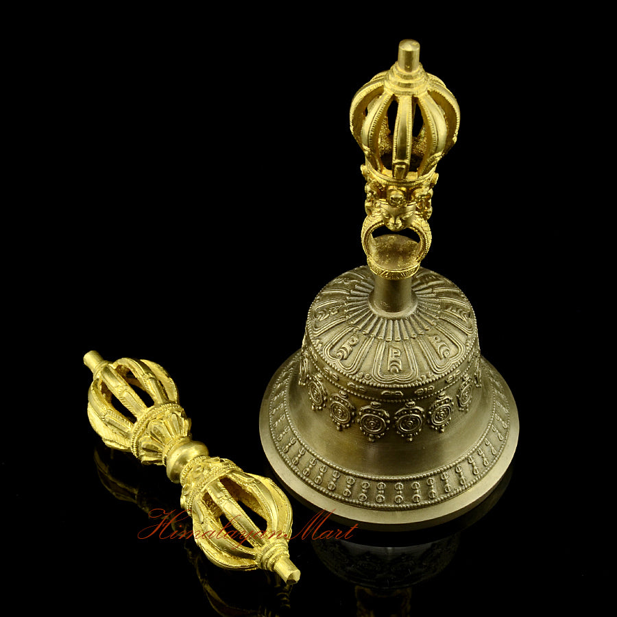 Vajra and Ghanta Set with golden-brown yellow patina bell and bronze copper vajra, handmade Buddhist ritual instrument, full side profile view