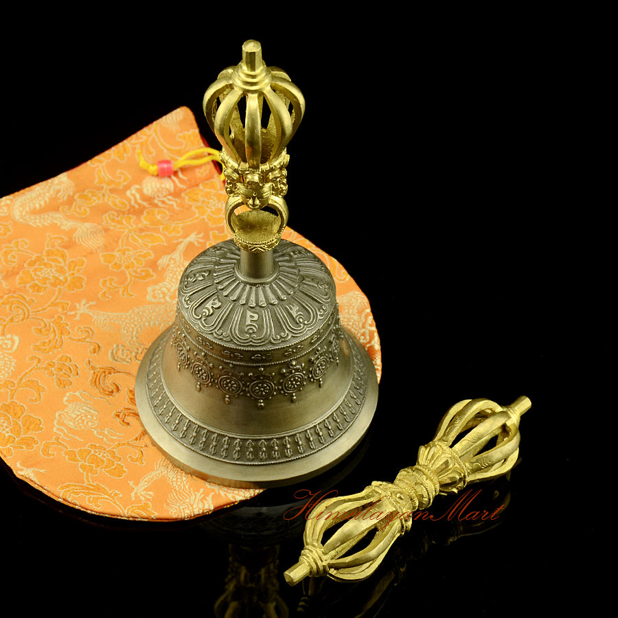 Vajra Bell Altar Set with golden-brown yellow patina bell and bronze copper vajra, handmade Buddhist ritual instrument, front view showing full set
