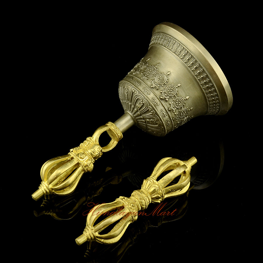 Vajra Bell Altar Set with golden-brown yellow patina bell and bronze copper vajra, handmade Buddhist ritual instrument, left side view showing engraved detail
