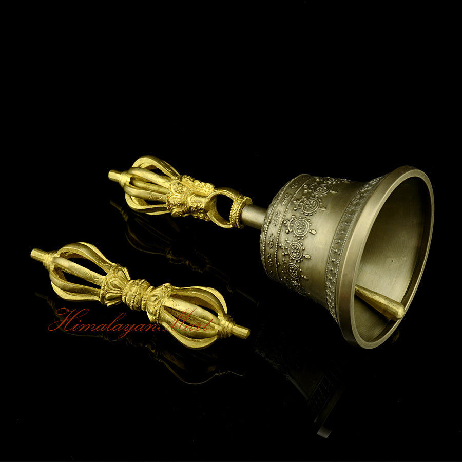 Vajra Bell Altar Set with golden-brown yellow patina bell and bronze copper vajra, handmade Buddhist ritual instrument, right side view showing engraved detail