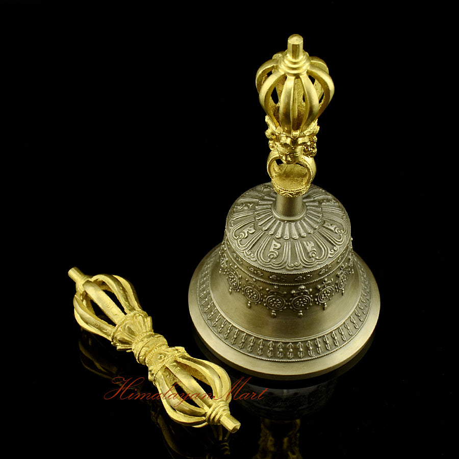 Vajra Bell Altar Set with golden-brown yellow patina bell and bronze copper vajra, handmade Buddhist ritual instrument, full side profile view