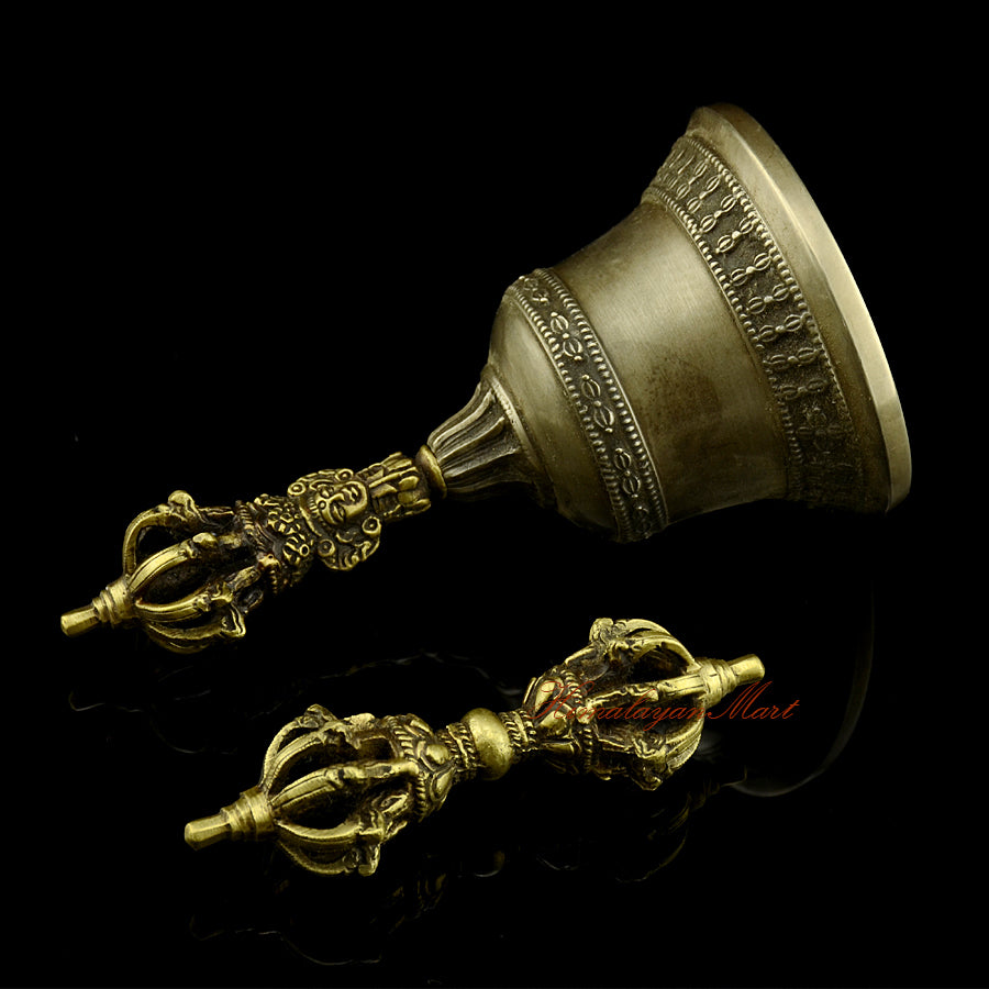 Vajra Bell Meditation Set left side view, handcrafted Dorje and Drilbu in copper and bronze alloy, traditional Himalayan Buddhist ritual implements from Patan Nepal