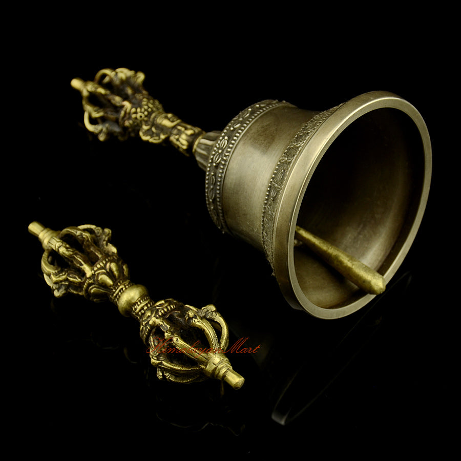 Vajra Bell Meditation Set right side view, antique finish copper and bronze Tibetan Dorje and Bell, handmade sacred ritual instruments by Newar craftsmen in Patan Nepal