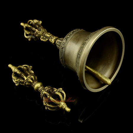 Vajra Bell Meditation Set right side view, antique finish copper and bronze Tibetan Dorje and Bell, handmade sacred ritual instruments by Newar craftsmen in Patan Nepal