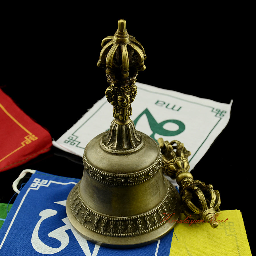 Vajra Bell Meditation Set handcrafted in Patan Nepal, copper and bronze alloy with antique finish, Dorje and Drilbu ritual pair with traditional Buddhist engravings