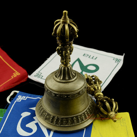 Vajra Bell Meditation Set handcrafted in Patan Nepal, copper and bronze alloy with antique finish, Dorje and Drilbu ritual pair with traditional Buddhist engravings