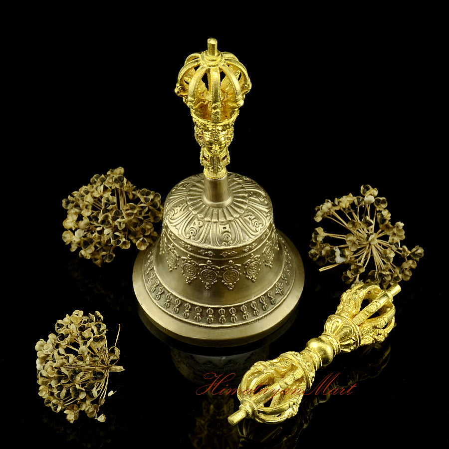 Vajra Bell Monastery Set with golden-brown patina bell and 9-pronged vajra, front view
