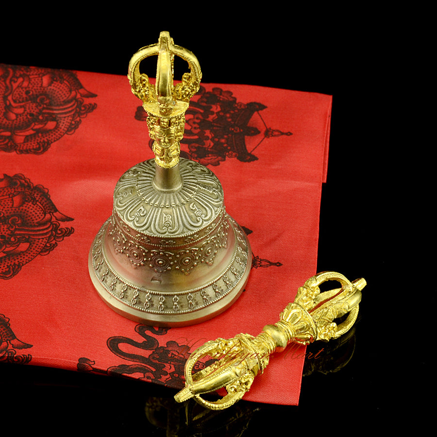 Vajra Bell Offering Set with golden-brown patina bell and 5-pronged vajra, front view