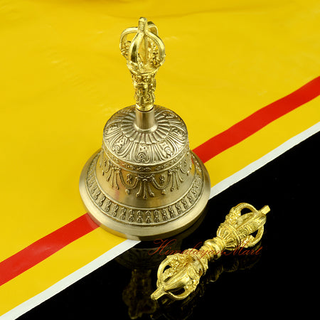 Vajra Bell Prayer Set with golden-brown patina bell and vajra, front view