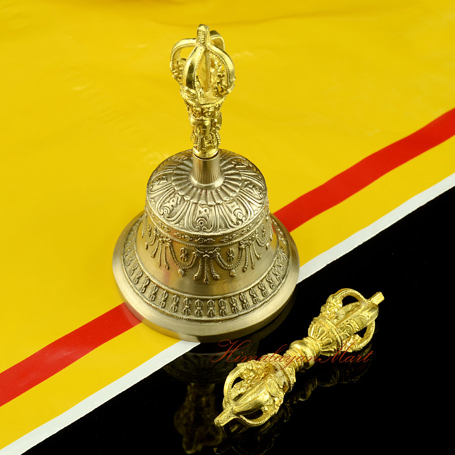 Vajra Bell Prayer Set with golden-brown patina bell and vajra, front view