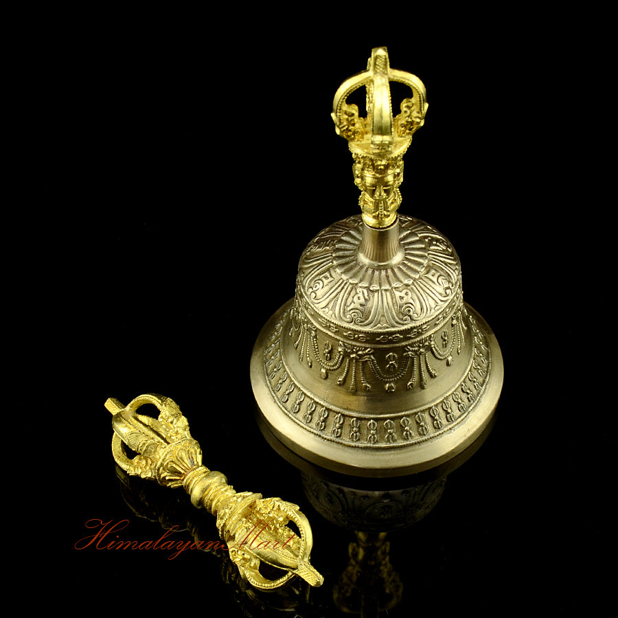Side profile of vajra and golden-brown patina bell