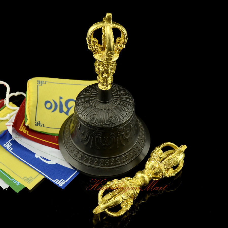 Vajra Bell Shrine Set with black patina bell and 5-pronged vajra, front view