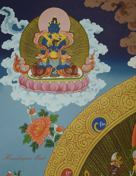 Vajradhara with consort in union, shown in the upper right section of Kalachakra Thangka.
