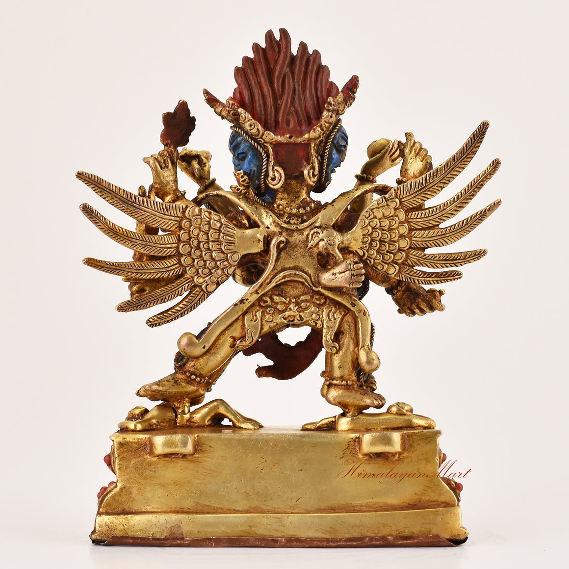 Back view of Vajrakilaya lapis inlay statue without frame, handcrafted Dorje Phurba Vajrayana ritual sculpture