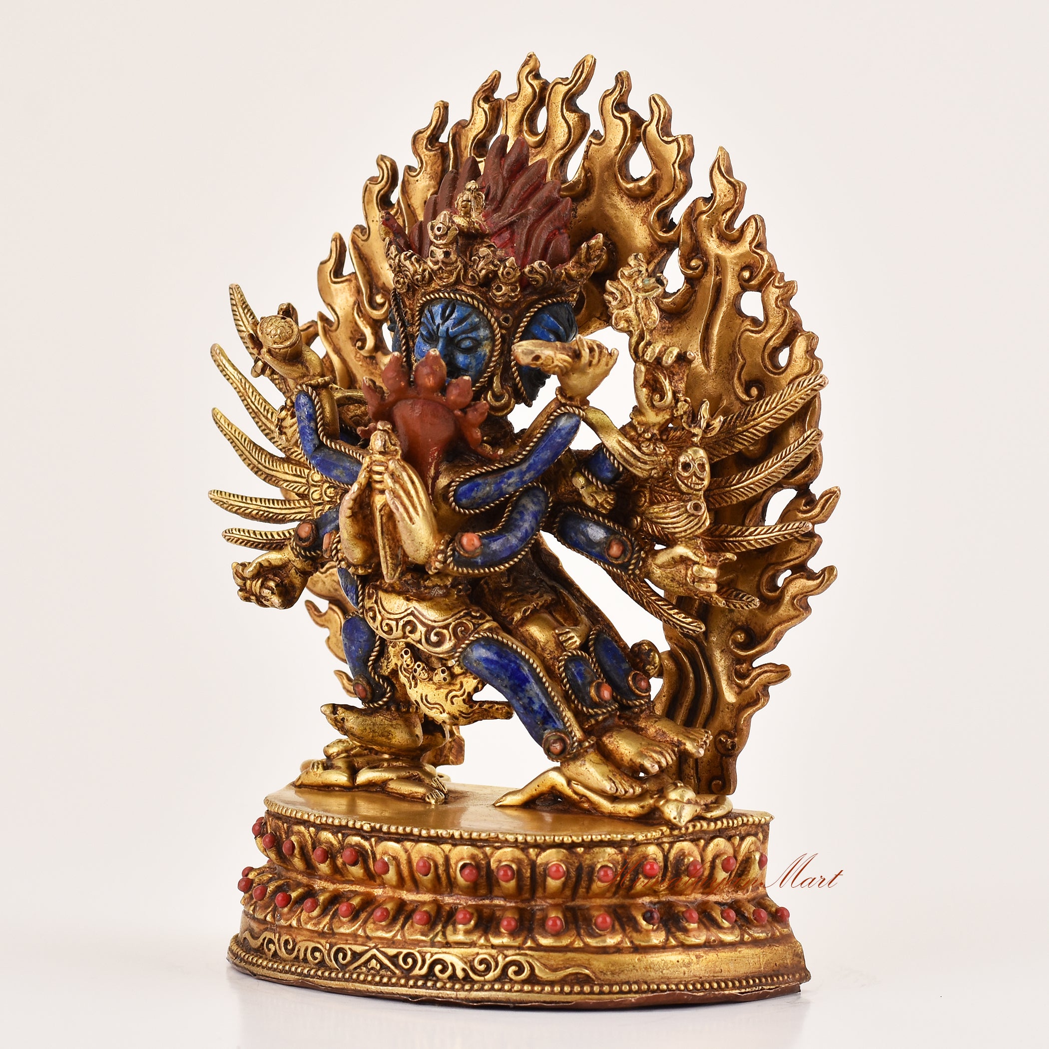 Left side view of Vajrakilaya lapis inlay statue, traditional Dorje Phurba Vajrayana ritual sculpture