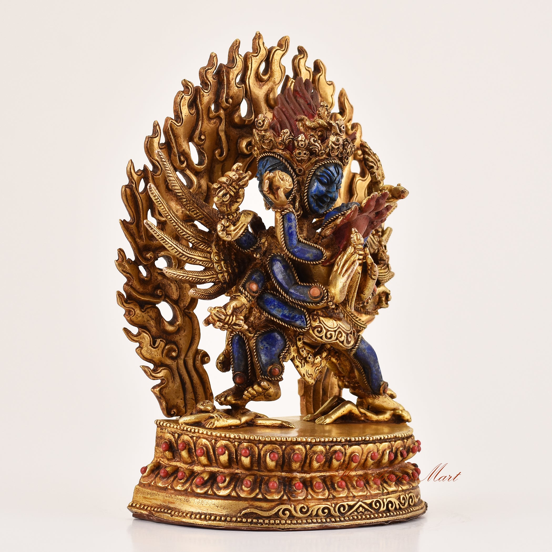 Right side view of Vajrakilaya lapis inlay statue, handcrafted Vajrayana ritual art with fierce protective symbolism