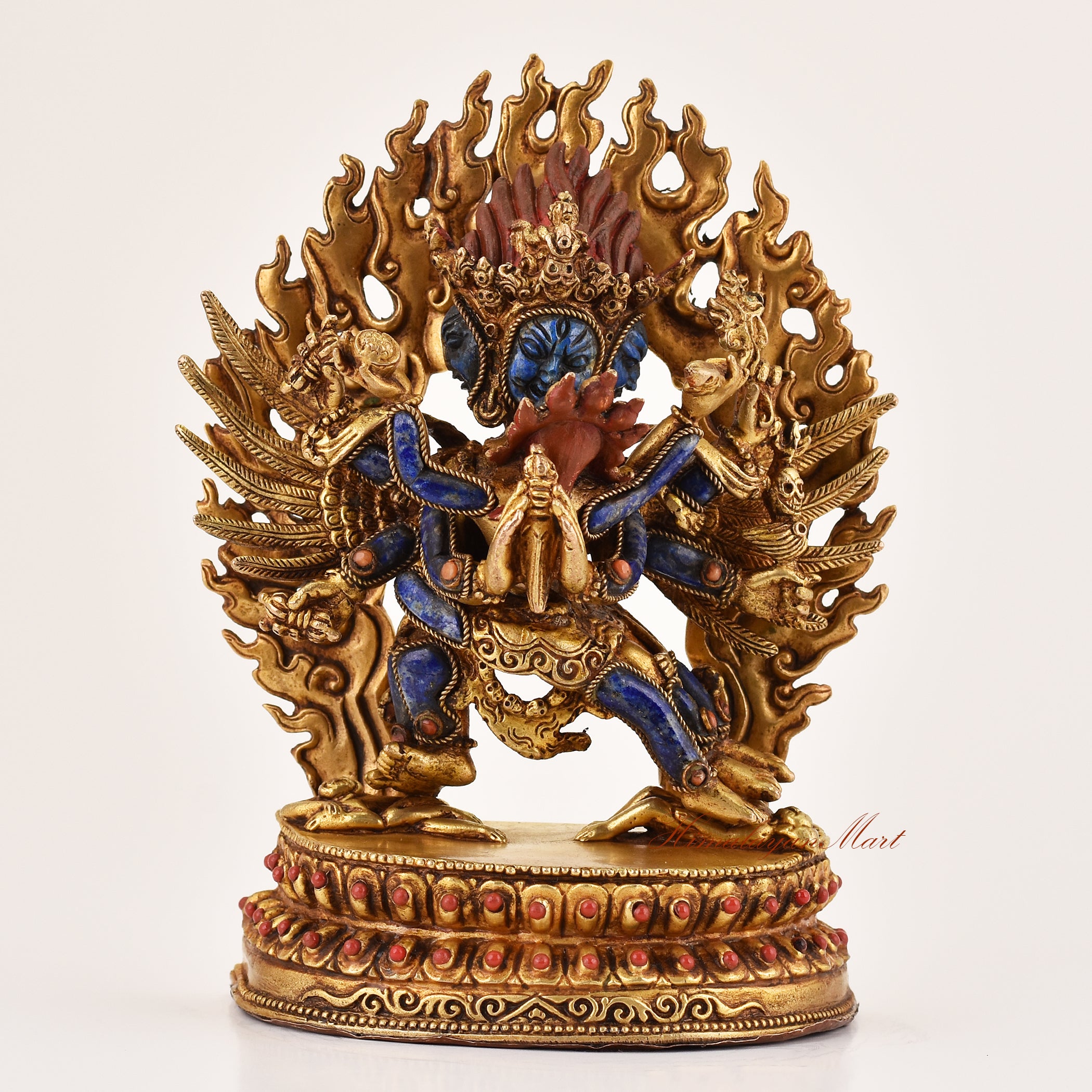 Vajrakilaya lapis inlay statue, handcrafted Dorje Phurba Vajrayana ritual sculpture with detailed Tibetan iconography