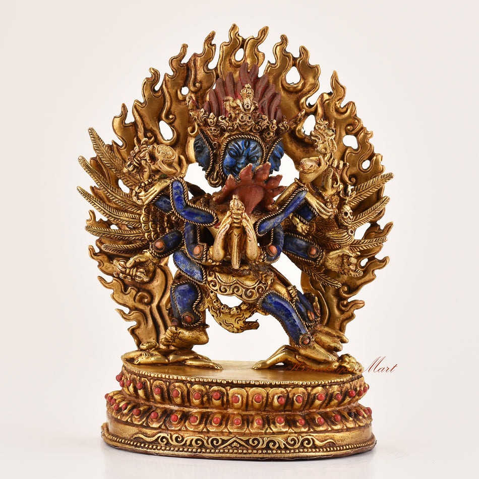 Vajrakilaya lapis inlay statue, handcrafted Dorje Phurba Vajrayana ritual sculpture with detailed Tibetan iconography