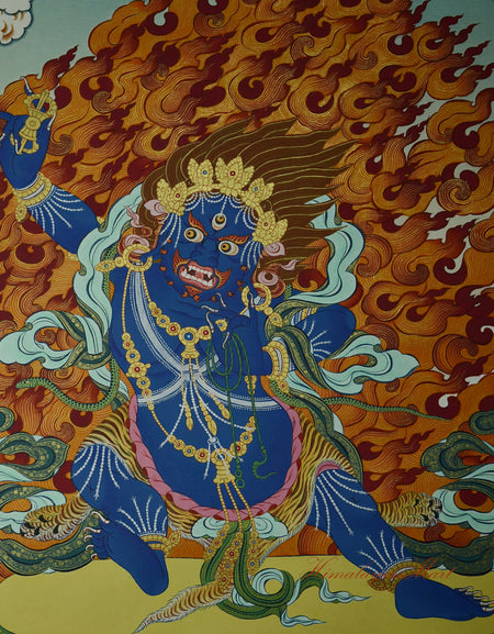 Detailed section of Vajrapani Tibetan Thangka showing intricate brushwork and sacred symbols.