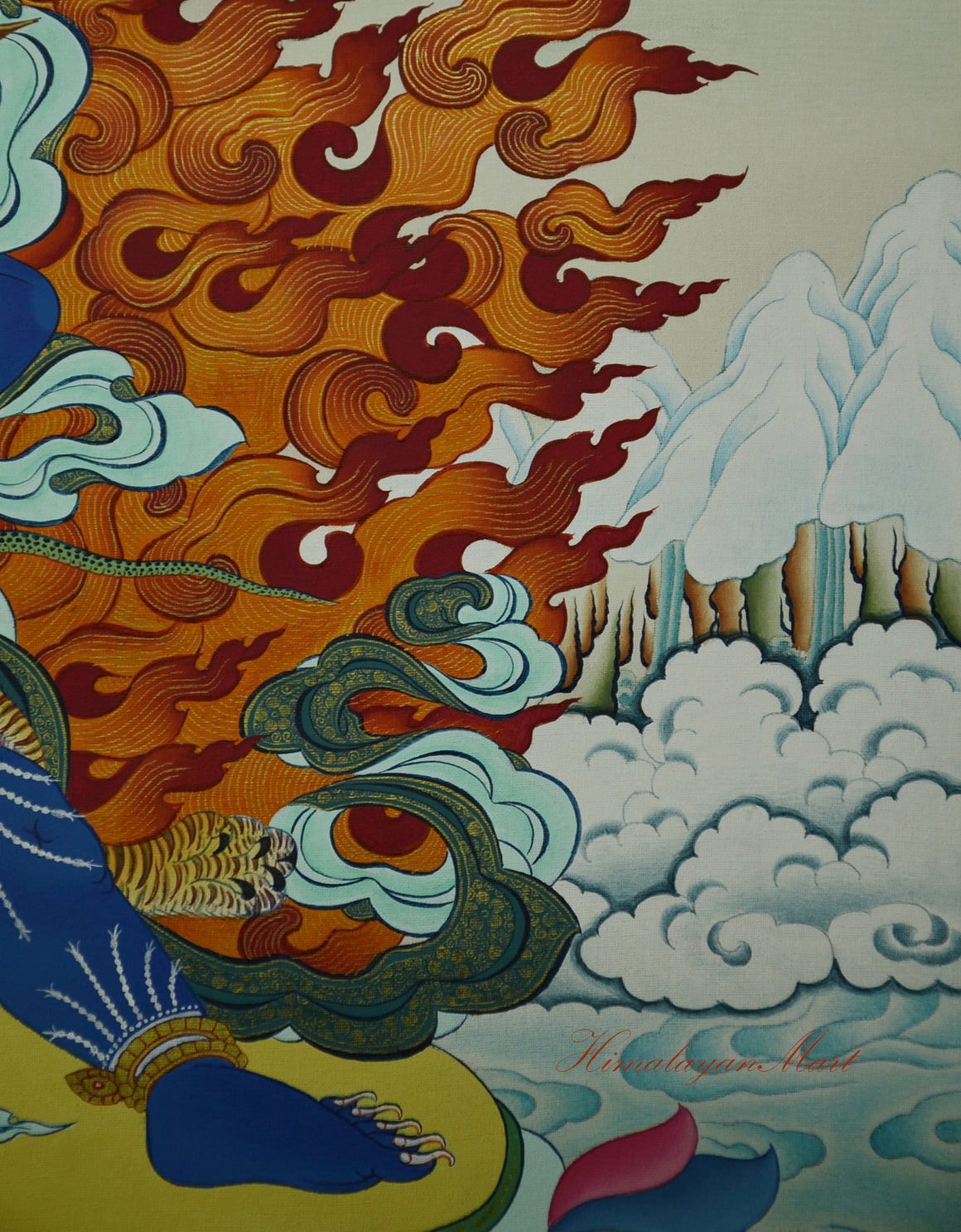 Detail of Vajrapani’s left leg and foot, standing firmly on lotus base in protective stance.