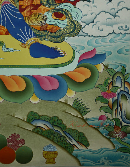 Lower left detail showing blooming lotus pond, sacred offerings, and vibrant floral elements.